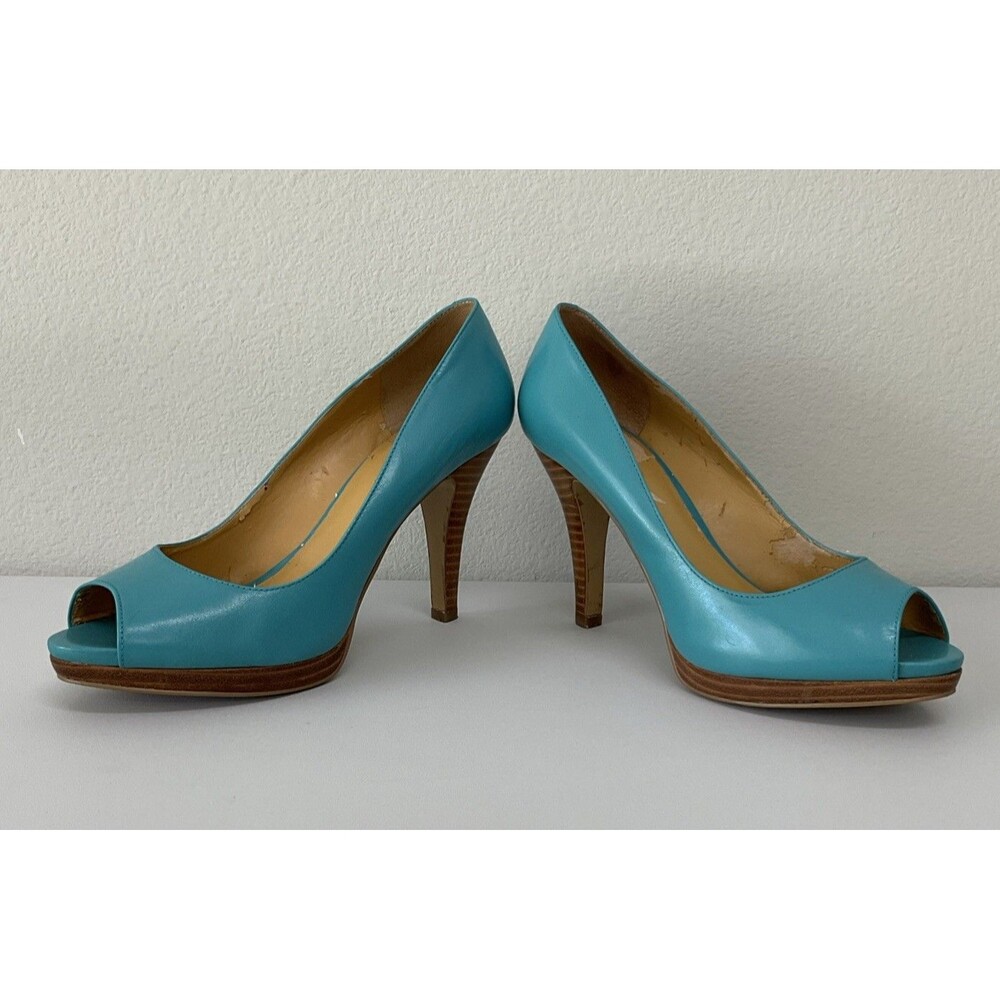 Nine West Danee Peep Toe Teal Platform Pump Leather US 7.5 M Pin Up Stiletto - Picture 3 of 8